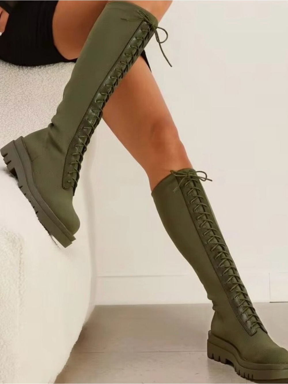 Olive Knee-High Lace-Up Platform Boots
